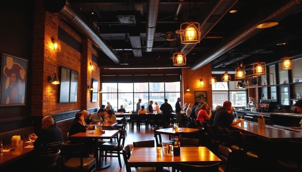 A cozy, well-lit interior of a Yard House restaurant in Troy, Michigan. The scene depicts the main dining area with wooden tables, comfortable chairs, and a long bar counter along the side. The lighting is warm and inviting, creating a relaxed atmosphere. The walls feature exposed brick and modern artwork, complementing the upscale, casual vibe. In the foreground, a group of patrons are enjoying craft beers and shared plates, while the middle ground showcases the open kitchen where chefs prepare fresh, made-to-order dishes. The background hints at the restaurant's opening hours, with a glimpse of the bustling downtown Troy setting beyond the large windows. A cozy, well-lit interior of a Yard House restaurant in Troy, Michigan. The scene depicts the main dining area with wooden tables, comfortable chairs, and a long bar counter along the side. The lighting is warm and inviting, creating a relaxed atmosphere. The walls feature exposed brick and modern artwork, complementing the upscale, casual vibe. In the foreground, a group of patrons are enjoying craft beers and shared plates, while the middle ground showcases the open kitchen where chefs prepare fresh, made-to-order dishes. The background hints at the restaurant's opening hours, with a glimpse of the bustling downtown Troy setting beyond the large windows.