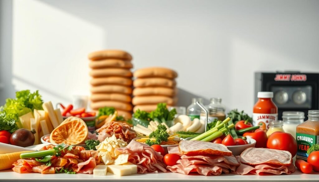 A crisp, high-resolution image of a clean, well-lit table showcasing an array of fresh, high-quality ingredients commonly found at a Jimmy John's sandwich shop. In the foreground, an assortment of meats, cheeses, vegetables, and condiments are artfully arranged, conveying the wide variety of fresh, customizable options available. The middle ground features neatly stacked loaves of bread, highlighting the bakery-fresh quality of the core ingredient. The background is clean and minimal, allowing the ingredients to take center stage and creating a sense of simplicity and quality. The lighting is bright and natural, casting gentle shadows that accentuate the textures and colors of the components. The overall mood is one of freshness, transparency, and a commitment to quality, reflecting the brand's ethos. A crisp, high-resolution image of a clean, well-lit table showcasing an array of fresh, high-quality ingredients commonly found at a Jimmy John's sandwich shop. In the foreground, an assortment of meats, cheeses, vegetables, and condiments are artfully arranged, conveying the wide variety of fresh, customizable options available. The middle ground features neatly stacked loaves of bread, highlighting the bakery-fresh quality of the core ingredient. The background is clean and minimal, allowing the ingredients to take center stage and creating a sense of simplicity and quality. The lighting is bright and natural, casting gentle shadows that accentuate the textures and colors of the components. The overall mood is one of freshness, transparency, and a commitment to quality, reflecting the brand's ethos.