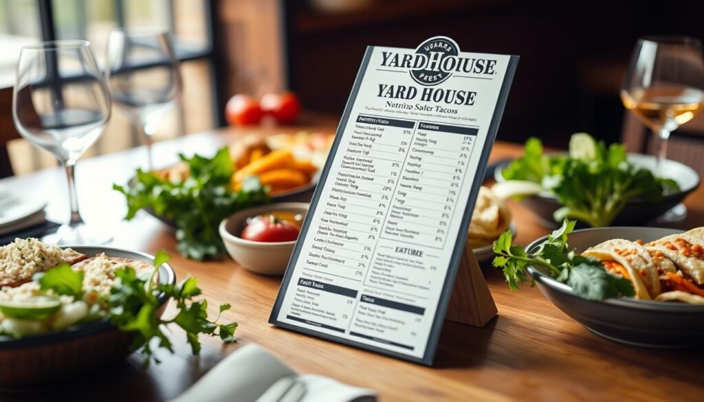 A crisp, well-lit photograph of a Yard House restaurant menu, showcasing the nutrition facts for their pizzas and tacos. The menu is displayed on a wooden table, with fresh ingredients and tableware arranged around it. The lighting is soft and natural, creating a warm and inviting atmosphere. The camera angle is slightly elevated, allowing the viewer to clearly see the details of the menu. The background is blurred, keeping the focus on the menu itself. The overall composition conveys a sense of quality and attention to detail, reflecting the Yard House brand and the importance of nutrition information for their customers.
