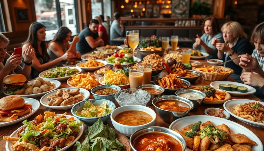 A sprawling table overflows with a diverse array of popular lunch options for a lively group gathering. In the foreground, a vibrant array of shared plates and platters - succulent burgers, crisp salads, hearty entrees, and indulgent sides. The middle ground features steaming bowls of flavorful soups and baskets of hand-crafted sandwiches, surrounded by a clinking chorus of ice-filled glasses. In the background, a warm, inviting atmosphere evokes the convivial energy of a bustling eatery, with soft natural lighting and a hint of lively conversation. An image that captures the essence of a memorable midday feast shared among family and friends.