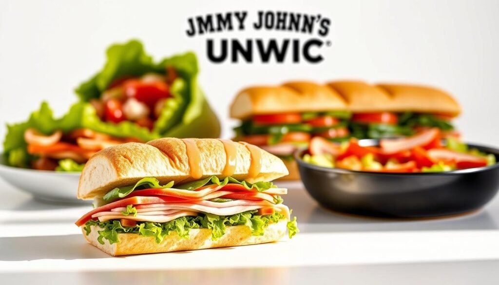 A visually appealing and informative illustration of a Jimmy John's Unwich and other low-calorie menu items, captured in a bright, clean, and appetizing manner. The foreground features a Jimmy John's Unwich, showcasing the fresh, crisp ingredients with natural lighting and a shallow depth of field to draw the viewer's attention. The middle ground presents an assortment of other low-calorie menu options, such as a lettuce-wrapped sandwich and a side salad, artfully arranged to highlight their nutritional value. The background maintains a minimalist, white or light-colored setting, allowing the food to be the focal point and creating a sense of simplicity and purity. The overall composition conveys a healthy, low-calorie, and guilt-free dining experience at Jimmy John's.