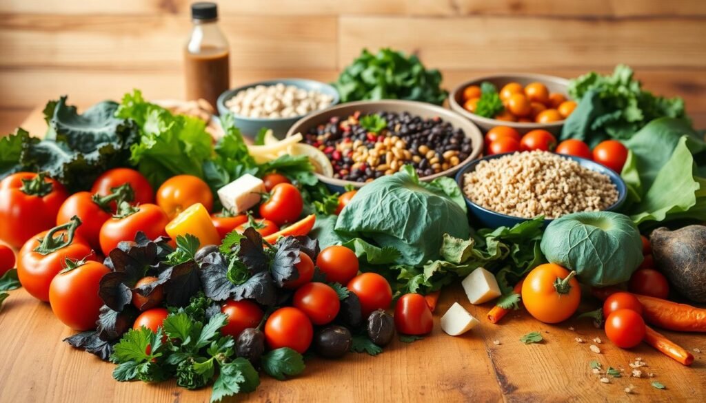 A well-lit, high-quality image of an assortment of vegan food options arranged on a wooden table. In the foreground, a variety of colorful vegetables, including leafy greens, tomatoes, and bell peppers, are neatly displayed. In the middle ground, there are plant-based protein sources such as tofu, tempeh, and legumes, accompanied by whole grains like quinoa and brown rice. In the background, a few vegan-friendly condiments and sauces are visible, adding depth and interest to the scene. The lighting is soft and natural, creating a warm, inviting atmosphere that highlights the freshness and appeal of the vegan offerings.