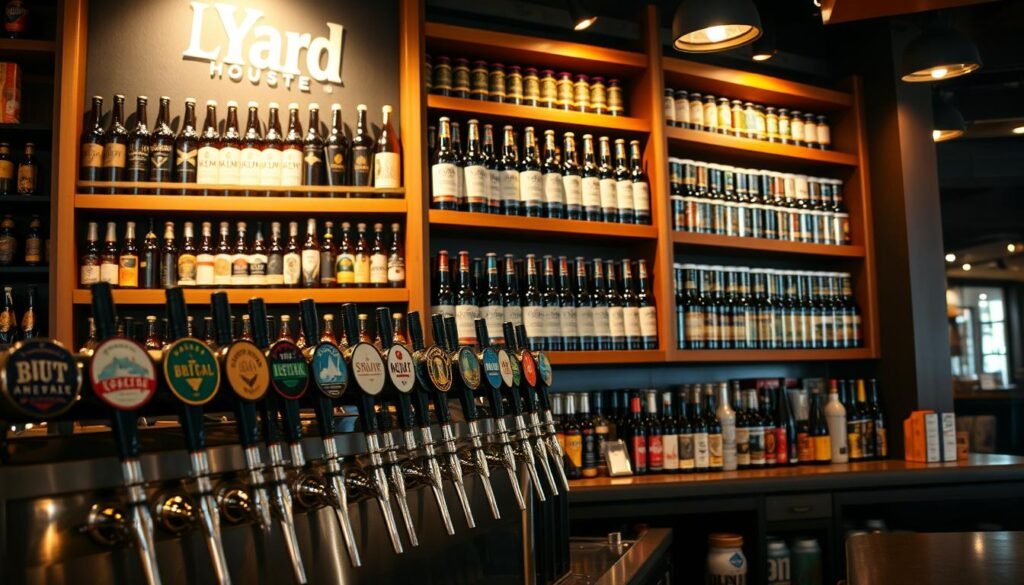 A well-lit, high-quality photograph of a Yard House restaurant's beer selection, showcasing a large variety of craft beers on display. The foreground features rows of chilled beer taps with a diverse range of labels and logos, highlighting the extensive beer menu. In the middle ground, wooden shelves hold a multitude of bottled and canned craft beers, arranged neatly and organized by style or region. The background depicts the warm, inviting atmosphere of the Yard House, with cozy lighting and subtle decor elements that complement the beer-focused ambiance. The image conveys the impressive breadth and depth of Yard House's beer offerings, enticing the viewer to explore the extensive selection. A well-lit, high-quality photograph of a Yard House restaurant's beer selection, showcasing a large variety of craft beers on display. The foreground features rows of chilled beer taps with a diverse range of labels and logos, highlighting the extensive beer menu. In the middle ground, wooden shelves hold a multitude of bottled and canned craft beers, arranged neatly and organized by style or region. The background depicts the warm, inviting atmosphere of the Yard House, with cozy lighting and subtle decor elements that complement the beer-focused ambiance. The image conveys the impressive breadth and depth of Yard House's beer offerings, enticing the viewer to explore the extensive selection.