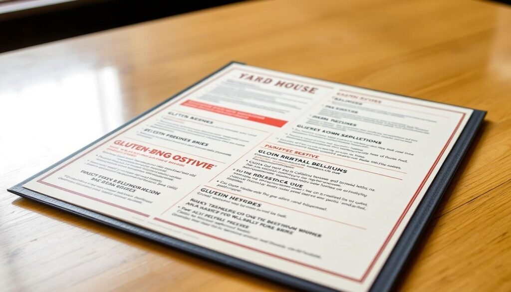 A well-lit, high-resolution photograph of a Yard House restaurant menu, specifically highlighting the gluten-sensitive options. The menu is placed on a clean, wooden table, with a neutral background that allows the menu's contents to be the focal point. The lighting is natural and evenly distributed, creating a warm and inviting atmosphere. The camera is positioned at a slight angle, capturing the menu's layout and design with a shallow depth of field to draw the viewer's attention to the key details. The image conveys a sense of professionalism, attention to detail, and a focus on the restaurant's commitment to providing safe and delicious gluten-free options for their customers.
