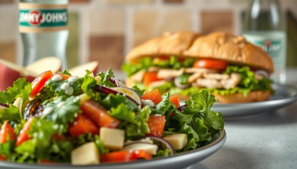 A well-lit, high-resolution photograph showcasing a selection of healthy meal options from the Jimmy John's menu. In the foreground, a fresh salad with vibrant greens, colorful vegetables, and a light dressing. In the middle ground, a whole wheat sandwich on crisp baguette, filled with lean protein and crunchy veggies. In the background, a side of apple slices and a bottle of water, conveying a sense of balance and moderation. The image is captured with a shallow depth of field, drawing the viewer's attention to the nutritious choices available at this fast-casual restaurant. The overall mood is clean, inviting, and reflective of a health-conscious lifestyle.