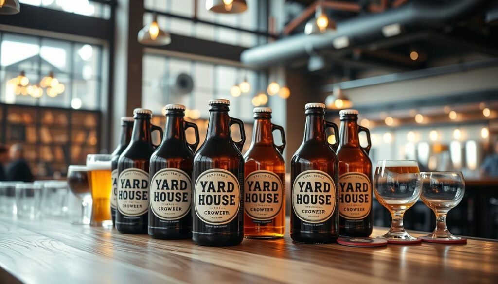 A well-lit, modern taproom scene showcasing an array of Yard House crowlers prominently displayed on a wooden bar counter. The crowlers, with their distinctive labels and crisp typography, take center stage, surrounded by a selection of craft beer glasses and coasters. The background features warm, inviting lighting, possibly with a view of the restaurant's interior through large windows. The overall atmosphere conveys an elevated, upscale dining experience, where customers can easily select and purchase these unique, portable craft beer options to enhance their visit. A well-lit, modern taproom scene showcasing an array of Yard House crowlers prominently displayed on a wooden bar counter. The crowlers, with their distinctive labels and crisp typography, take center stage, surrounded by a selection of craft beer glasses and coasters. The background features warm, inviting lighting, possibly with a view of the restaurant's interior through large windows. The overall atmosphere conveys an elevated, upscale dining experience, where customers can easily select and purchase these unique, portable craft beer options to enhance their visit.