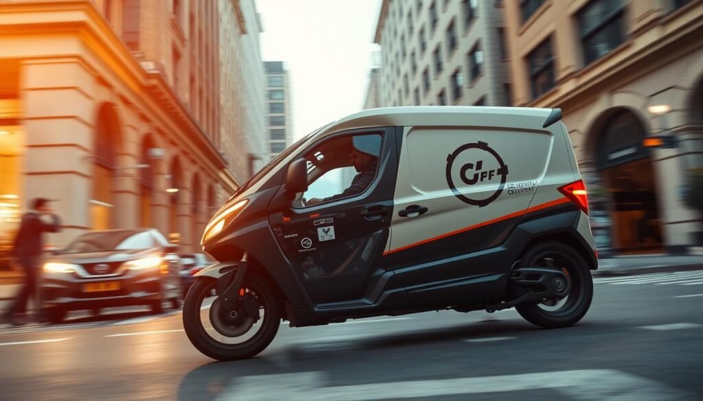 a high-speed delivery service vehicle racing down a city street, low angle shot with dramatic lighting highlighting the vehicle's sleek design and sense of urgency, blurred pedestrians and buildings in the background to convey a feeling of rapid movement, the vehicle's company logo prominently displayed on the side, an overall tone of efficiency and timeliness to reflect the delivery service's commitment to fast and reliable service